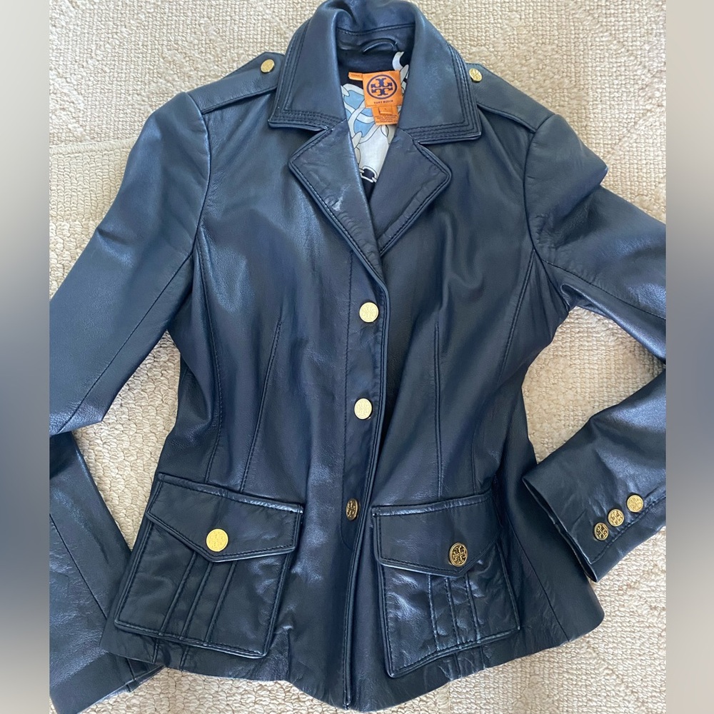 Tory Burch Leather Navy Blue Leather jacket  with Gold hardware.  Size 4